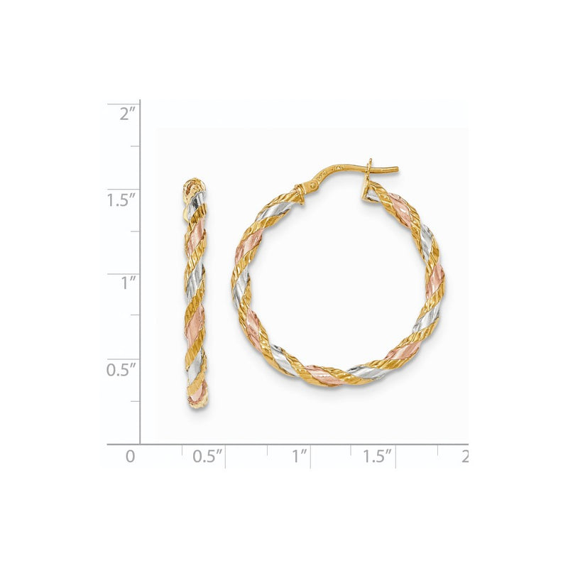 14K Yellow & Rhodium With White Rose Textured Twisted Hoop Earrings
