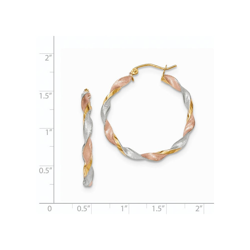 14K Yellow & Rhodium Tri-Color Satin Twisted Hoop Earrings