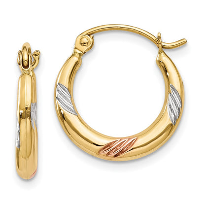 14K Yellow & Rhodium White Rose Polished Textured Hoop Earrings