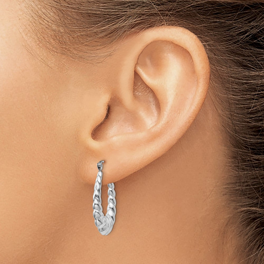 14K White Gold Polished And Textured Oval Hoop Earrings