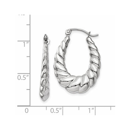14K White Gold Polished And Textured Oval Hoop Earrings