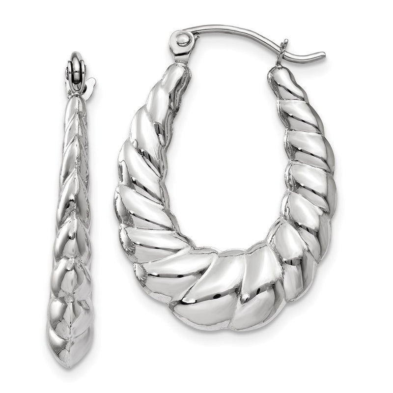 14K White Gold Polished And Textured Oval Hoop Earrings