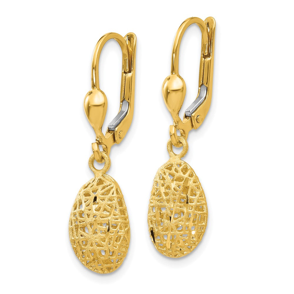 14K Yellow Gold Polished Diamond-Cut Satin Puff Dangle Leverback Earrings