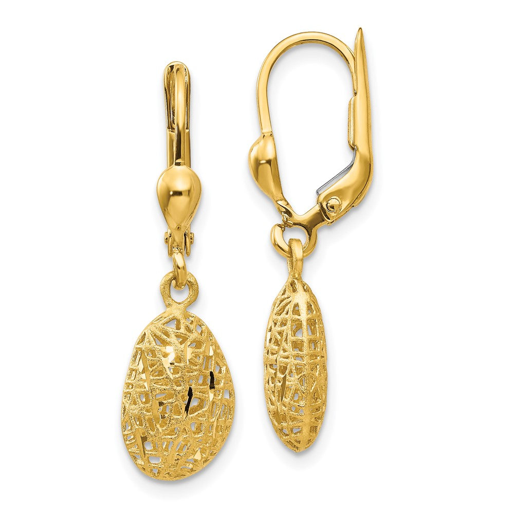 14K Yellow Gold Polished Diamond-Cut Satin Puff Dangle Leverback Earrings