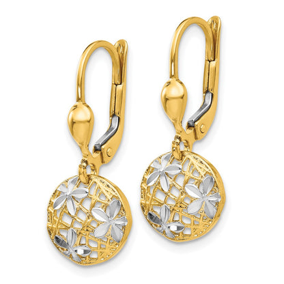 14K Yellow & Rhodium And Polished Diamond-Cut Dangle Leverback Earrings