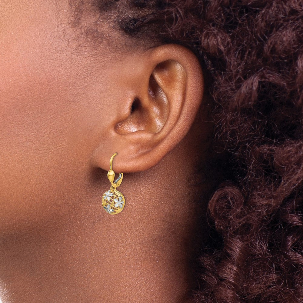 14K Yellow & Rhodium And Polished Diamond-Cut Dangle Leverback Earrings