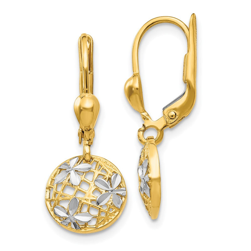 14K Yellow & Rhodium And Polished Diamond-Cut Dangle Leverback Earrings