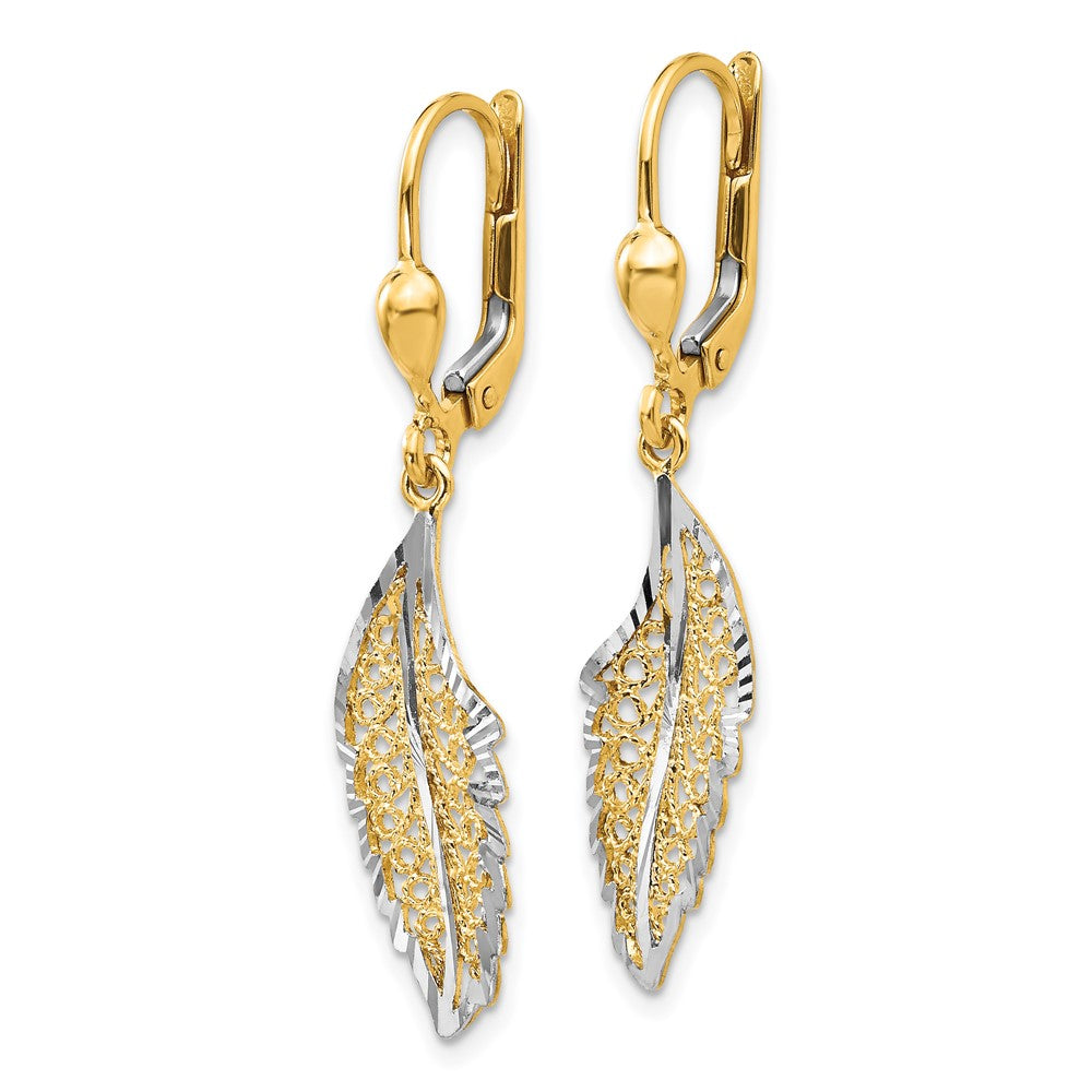 14K Yellow & Rhodium And Polished Textured Leaf Leverback Earrings