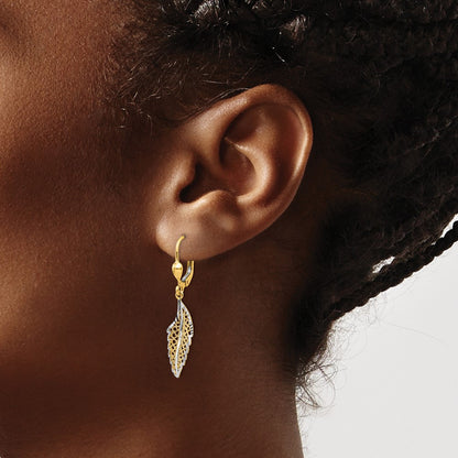 14K Yellow & Rhodium And Polished Textured Leaf Leverback Earrings
