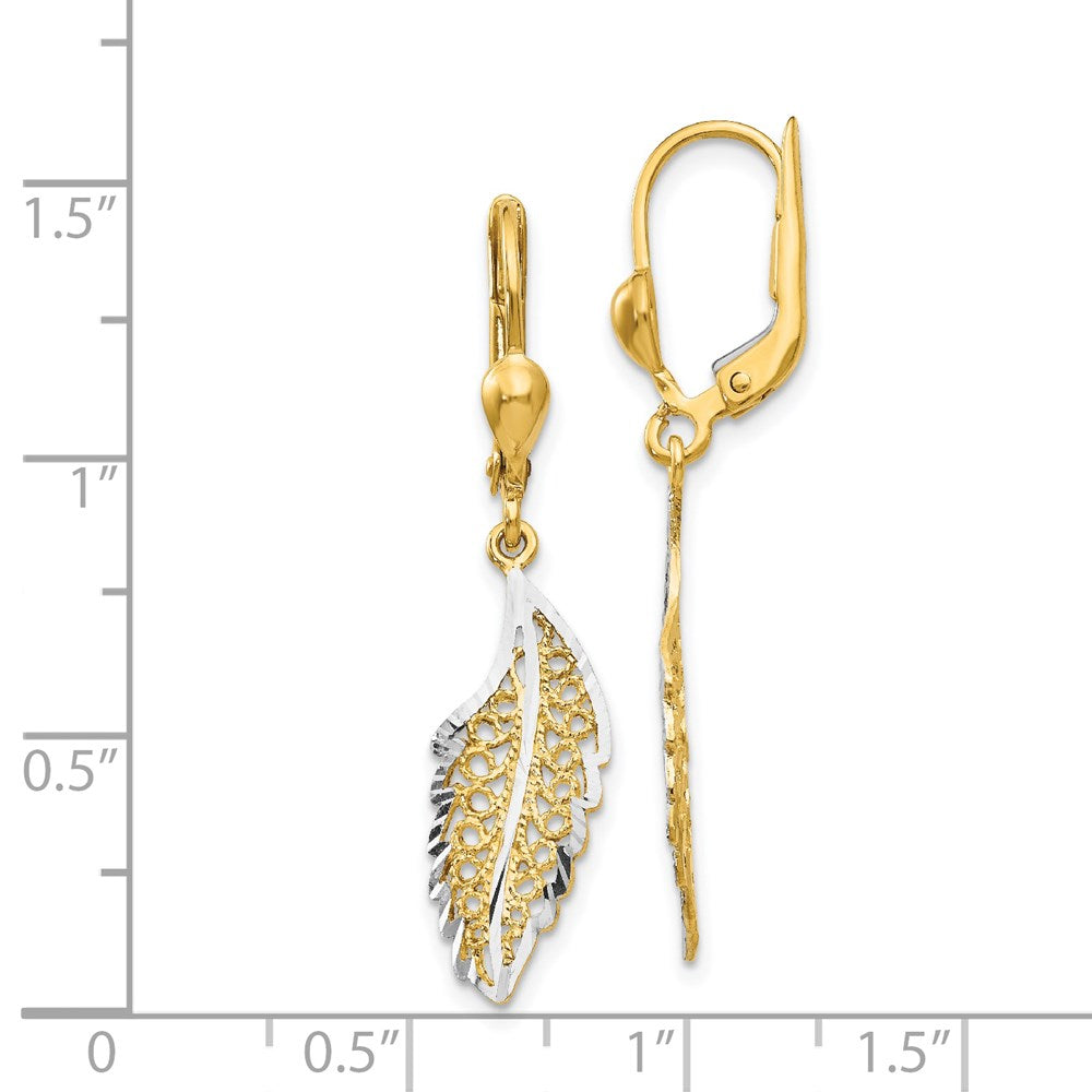 14K Yellow & Rhodium And Polished Textured Leaf Leverback Earrings