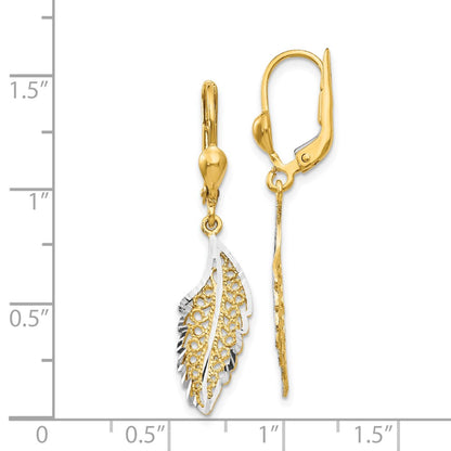 14K Yellow & Rhodium And Polished Textured Leaf Leverback Earrings