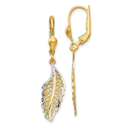 14K Yellow & Rhodium And Polished Textured Leaf Leverback Earrings