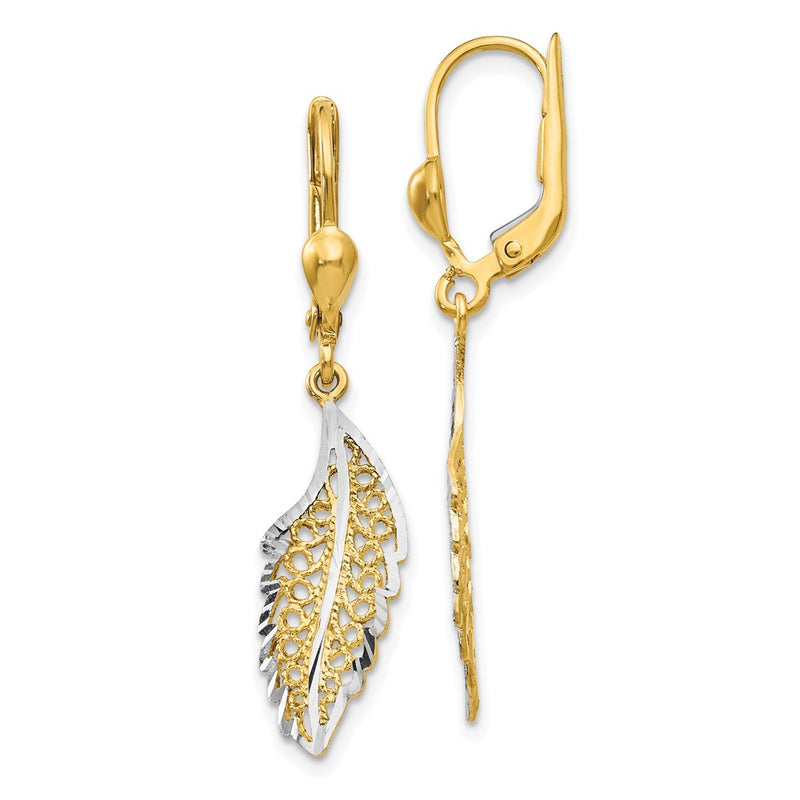 14K Yellow & Rhodium And Polished Textured Leaf Leverback Earrings