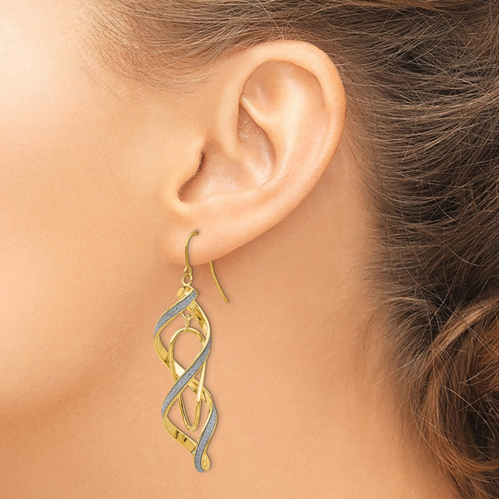 14K Yellow Gold Polished Glitter Infused Spiral Dangle Earrings