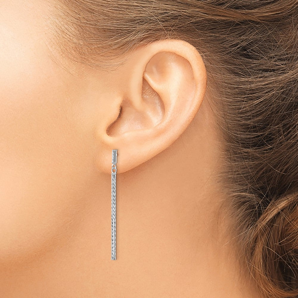 14K White Gold Polished And Diamond-Cut Bar Dangle Post Earrings