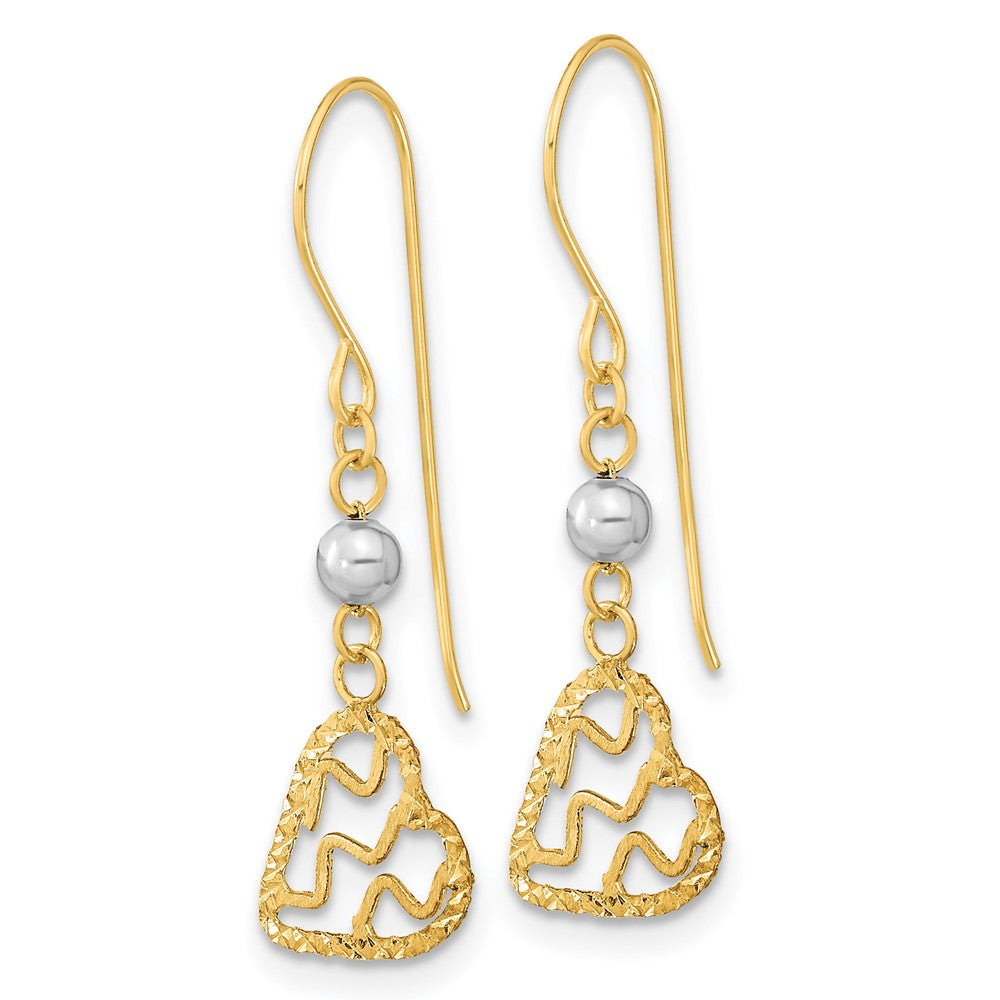 14K Two-Tone Satin D/C Heart Dangle Shepherd Hook Earrings