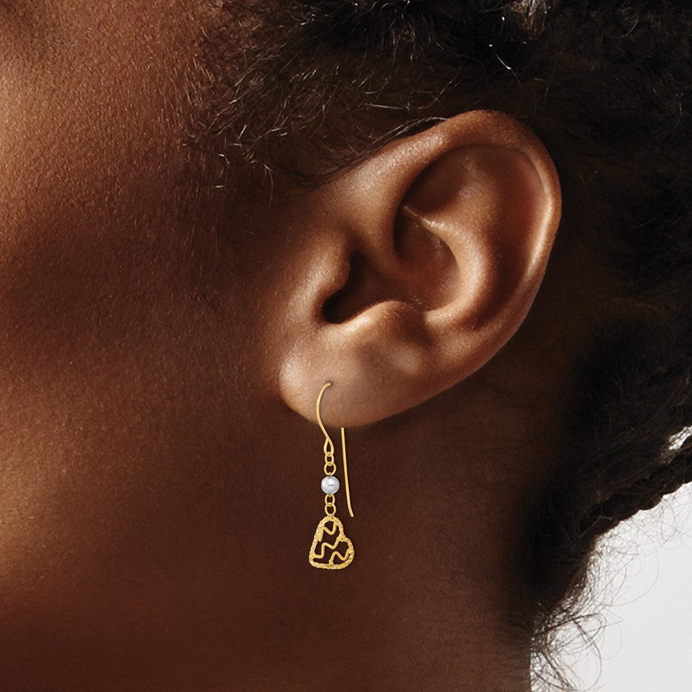 14K Two-Tone Satin D/C Heart Dangle Shepherd Hook Earrings
