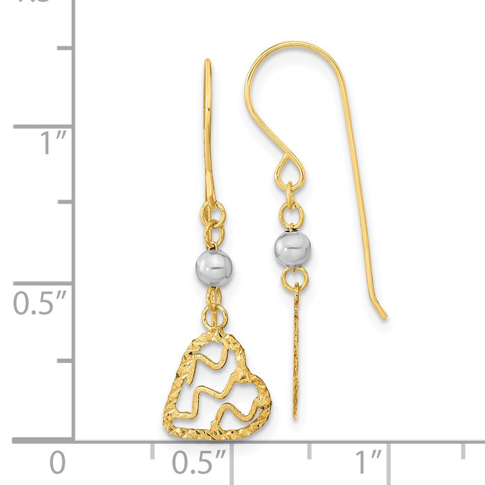 14K Two-Tone Satin D/C Heart Dangle Shepherd Hook Earrings