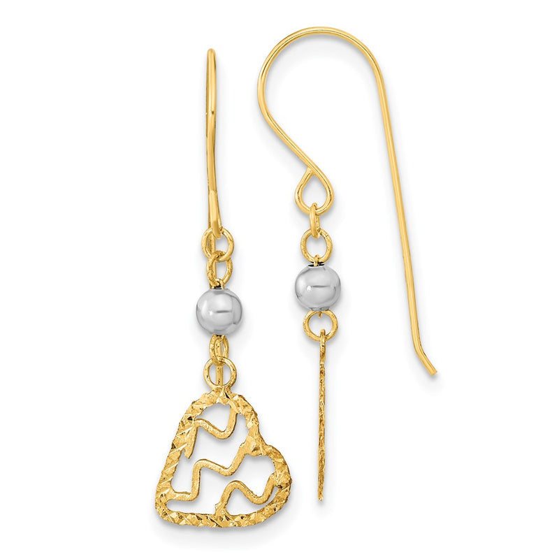 14K Two-Tone Satin D/C Heart Dangle Shepherd Hook Earrings