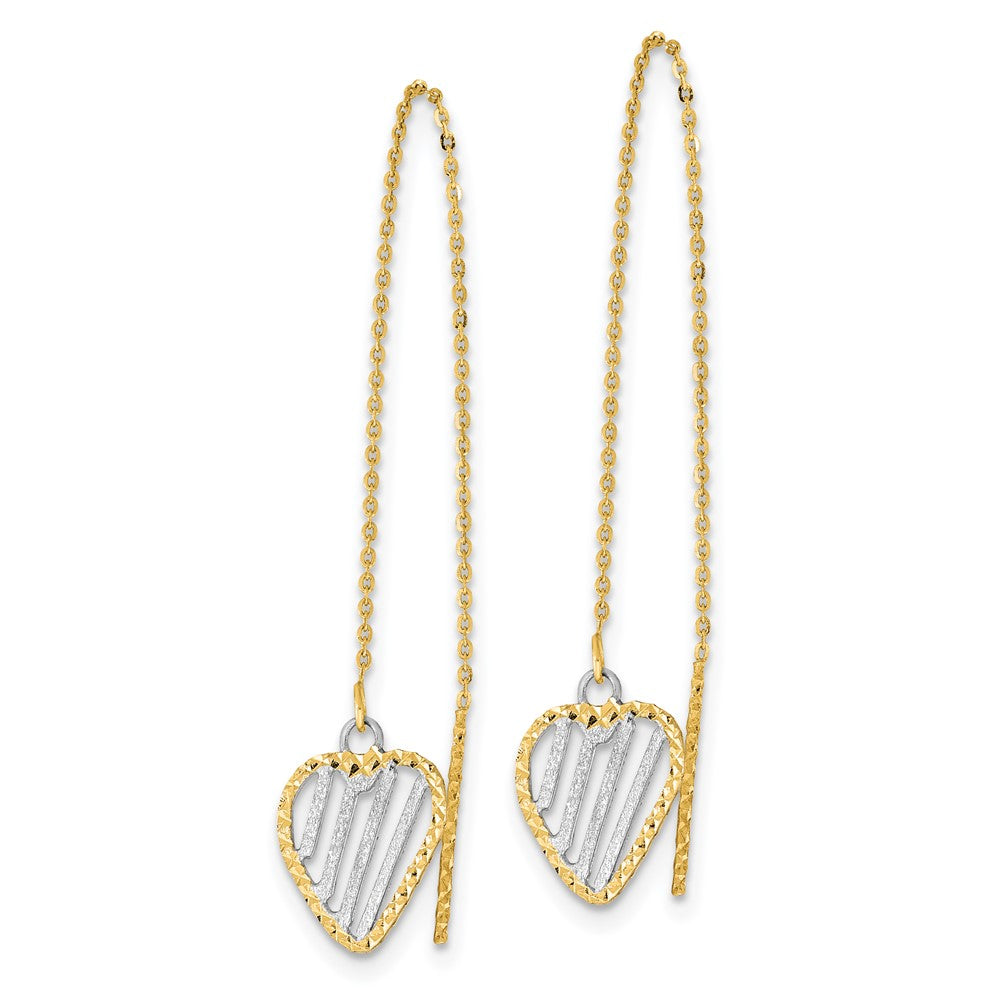 14K Yellow & Rhodium Polished Satin And D/C Heart Threader Earrings