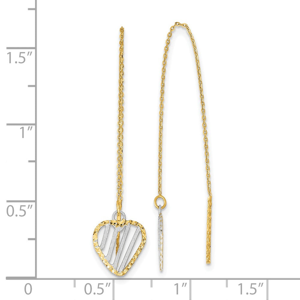 14K Yellow & Rhodium Polished Satin And D/C Heart Threader Earrings