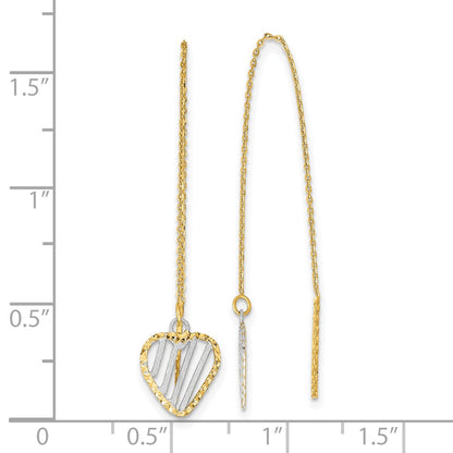 14K Yellow & Rhodium Polished Satin And D/C Heart Threader Earrings