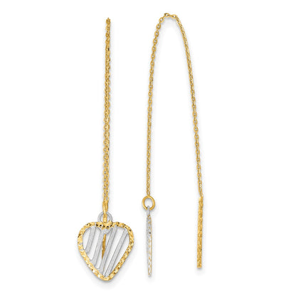 14K Yellow & Rhodium Polished Satin And D/C Heart Threader Earrings