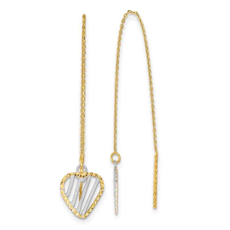 14K Yellow & Rhodium Polished Satin And D/C Heart Threader Earrings