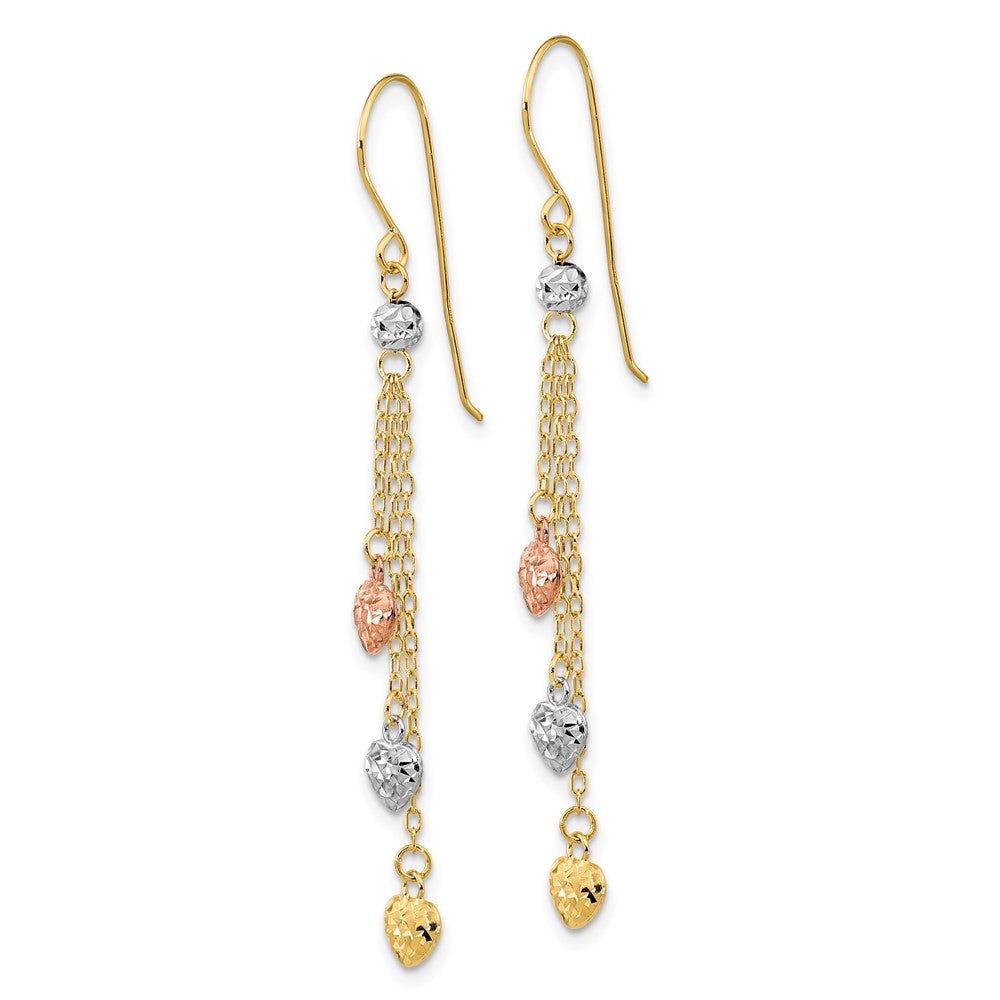 14K Tri-Color D/C Triple Heart Dangle Shepherd Hook Earrings