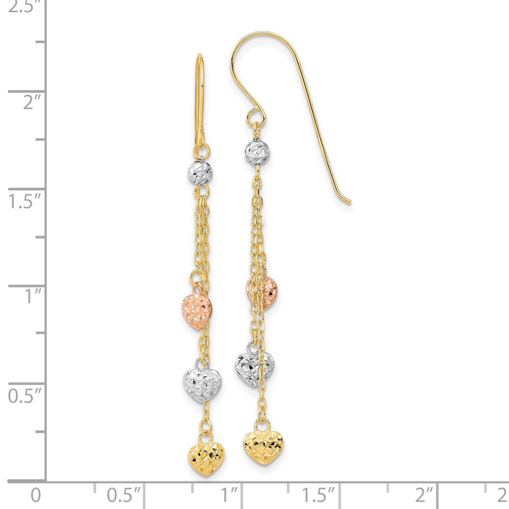 14K Tri-Color D/C Triple Heart Dangle Shepherd Hook Earrings
