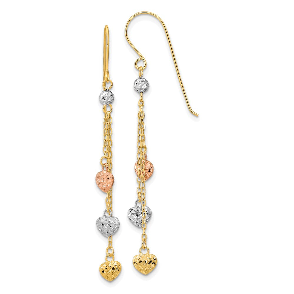 14K Tri-Color D/C Triple Heart Dangle Shepherd Hook Earrings