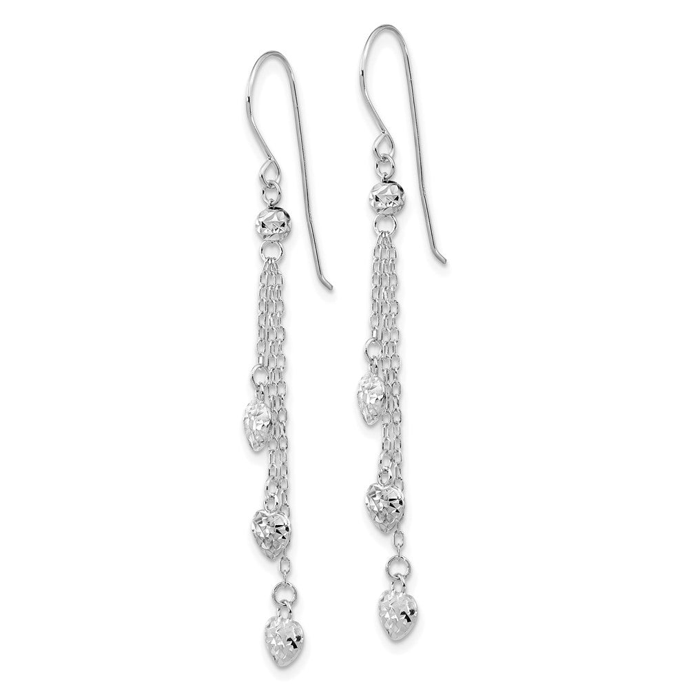 14K White Gold D/c Triple Heart Dangle Shepherd Hook Earrings