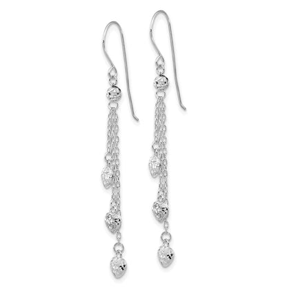 14K White Gold D/c Triple Heart Dangle Shepherd Hook Earrings
