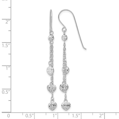 14K White Gold D/c Triple Heart Dangle Shepherd Hook Earrings