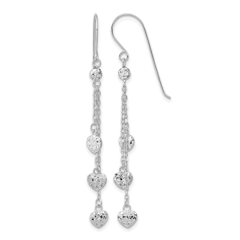 14K White Gold D/c Triple Heart Dangle Shepherd Hook Earrings