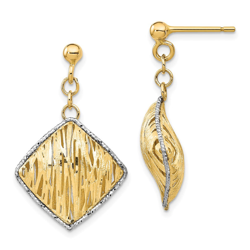 14K Yellow & Rhodium White Polished D/C Hollow Dangle Post Earrings