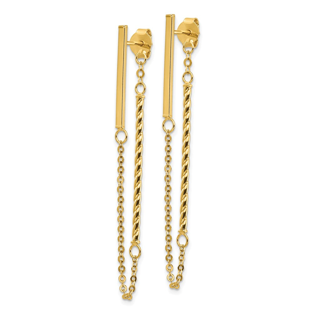 14K Yellow Gold Polished And Twisted Bar W/Chain Post Earrings