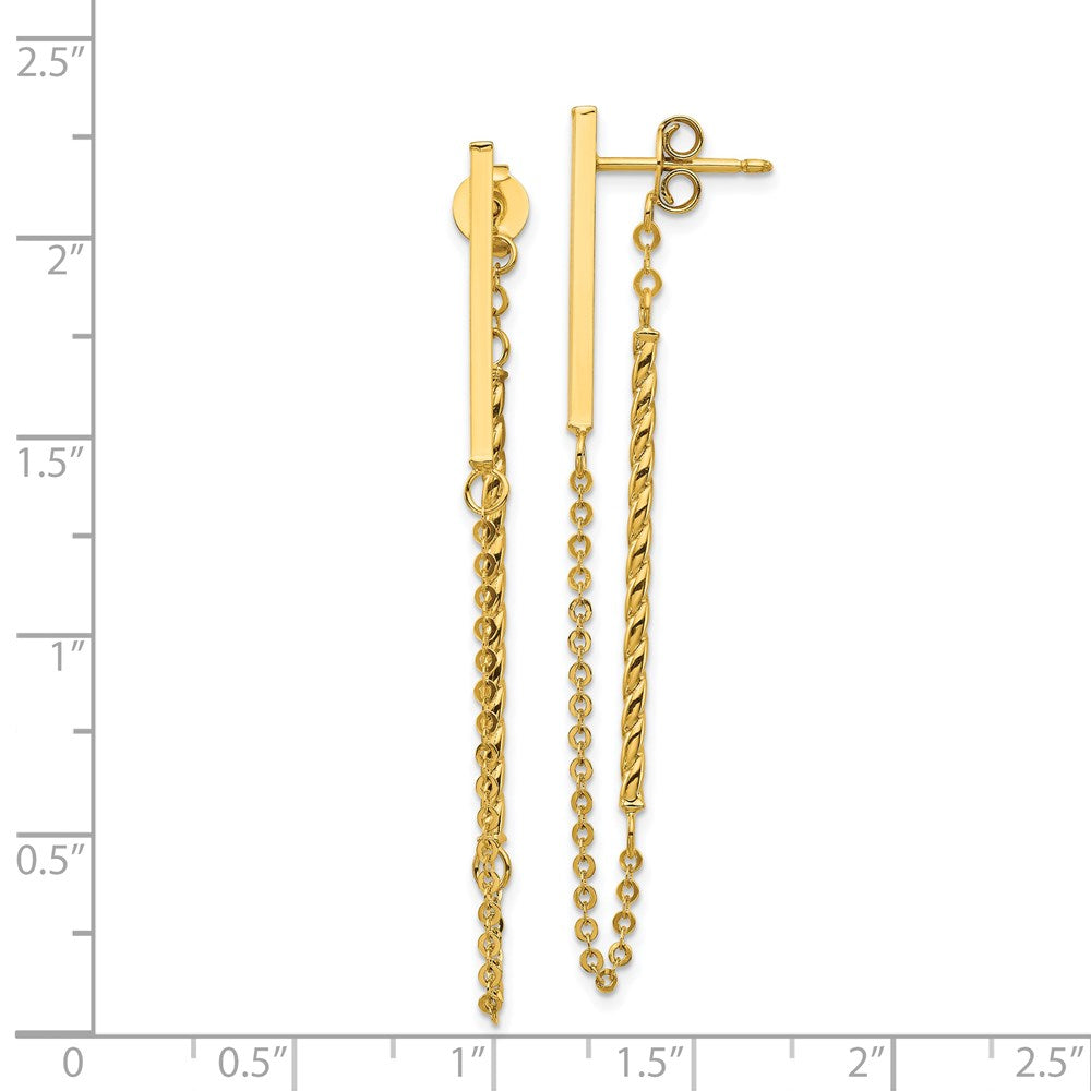 14K Yellow Gold Polished And Twisted Bar W/Chain Post Earrings