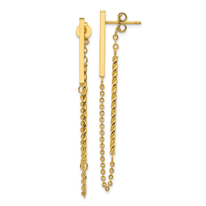 14K Yellow Gold Polished And Twisted Bar W/Chain Post Earrings