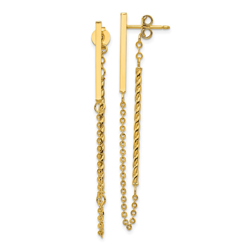 14K Yellow Gold Polished And Twisted Bar W/Chain Post Earrings