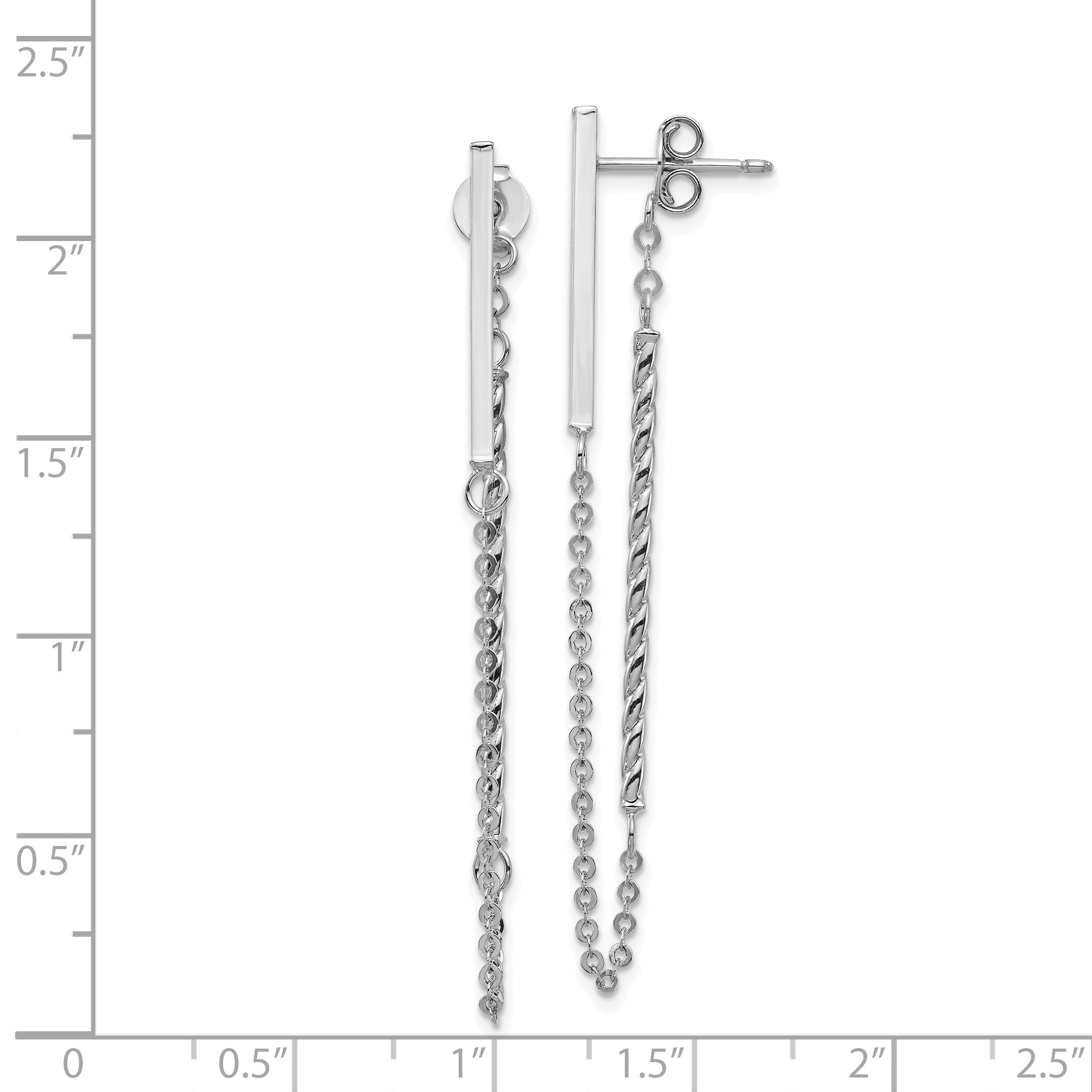 14K White Gold Polished And Twisted Bar W/Chain Post Earrings