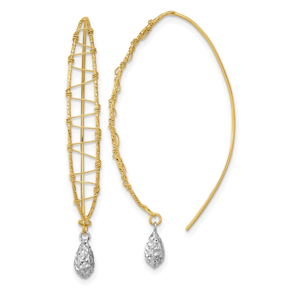 14K Two-Tone Polished Wire Wrapped Diamond Cut Dangle Earrings