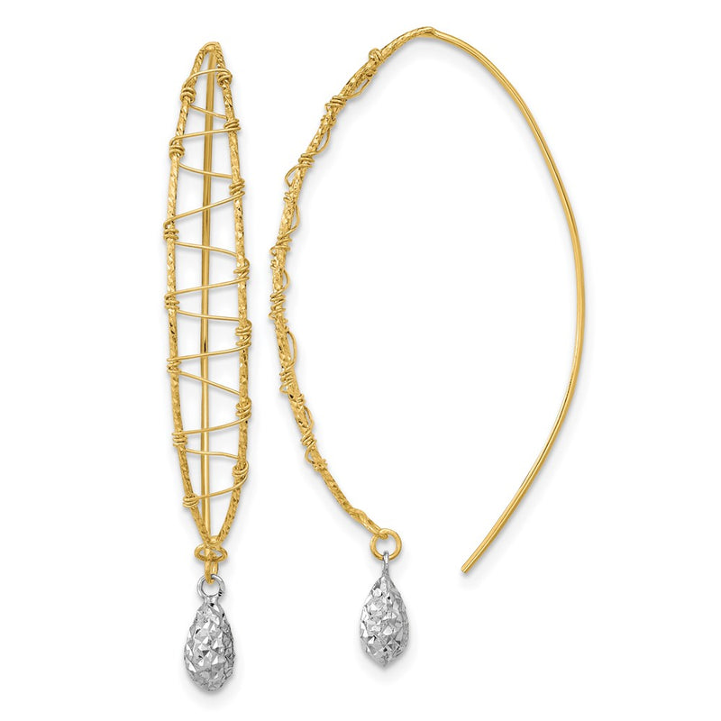 14K Two-Tone Polished Wire Wrapped Diamond Cut Dangle Earrings
