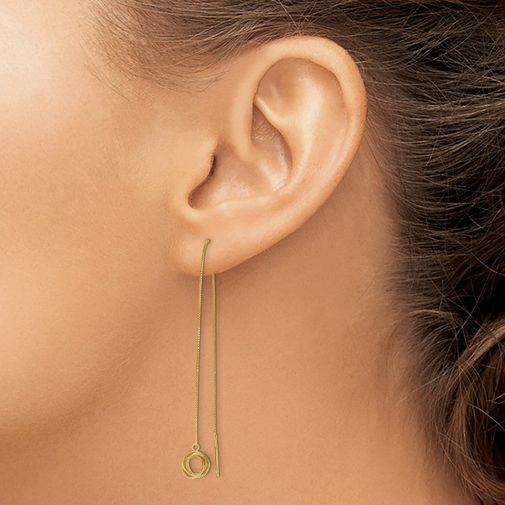 14K Yellow Gold Polished Diamond Cut Box Chain Love Knot Threader Earrings