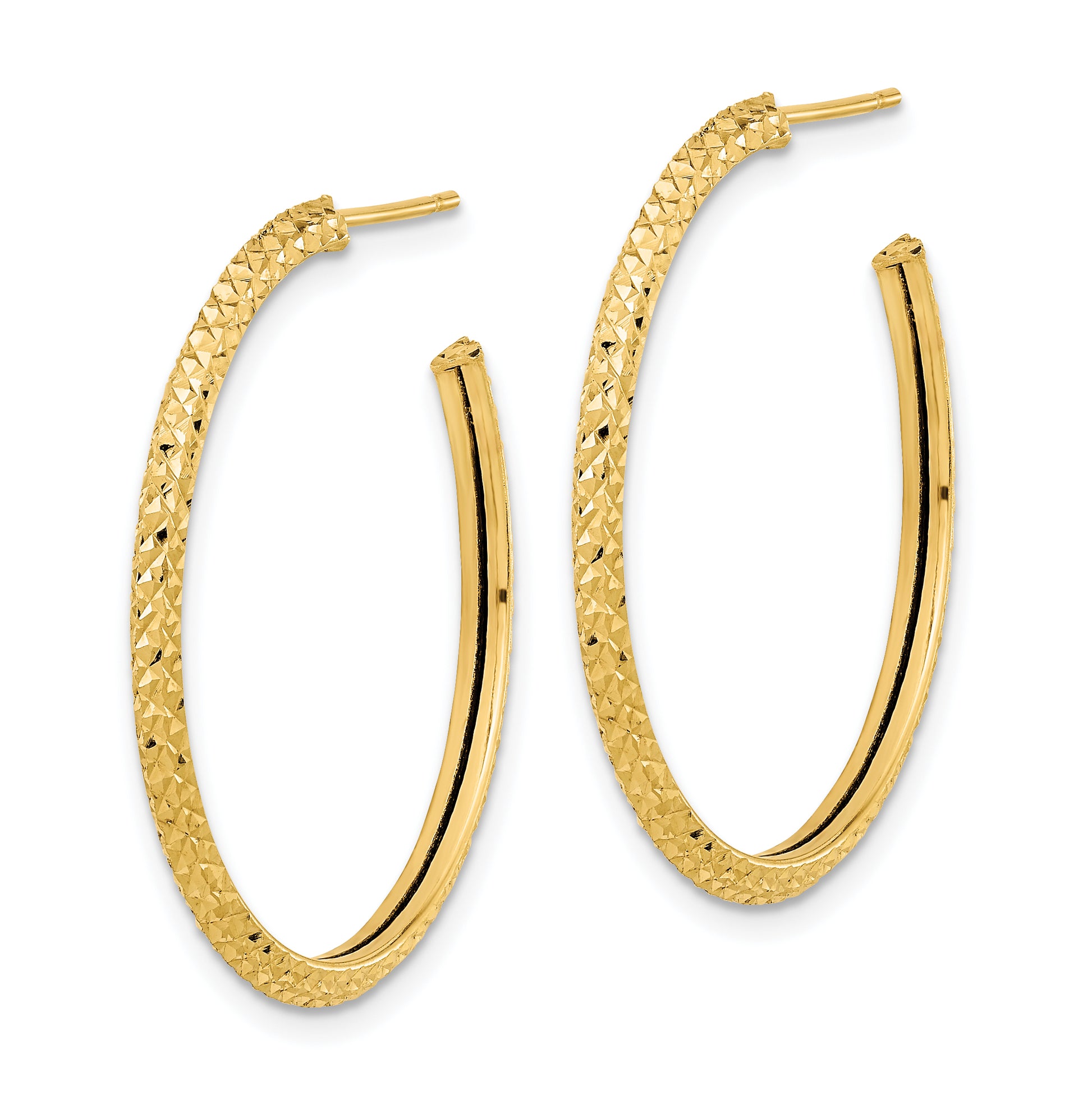 14K Yellow Gold 2X25mm Polished Diamond-Cut Round Hoop Post Earrings