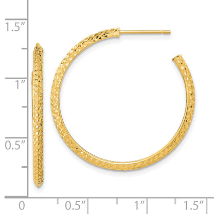 14K Yellow Gold 2X25mm Polished Diamond-Cut Round Hoop Post Earrings