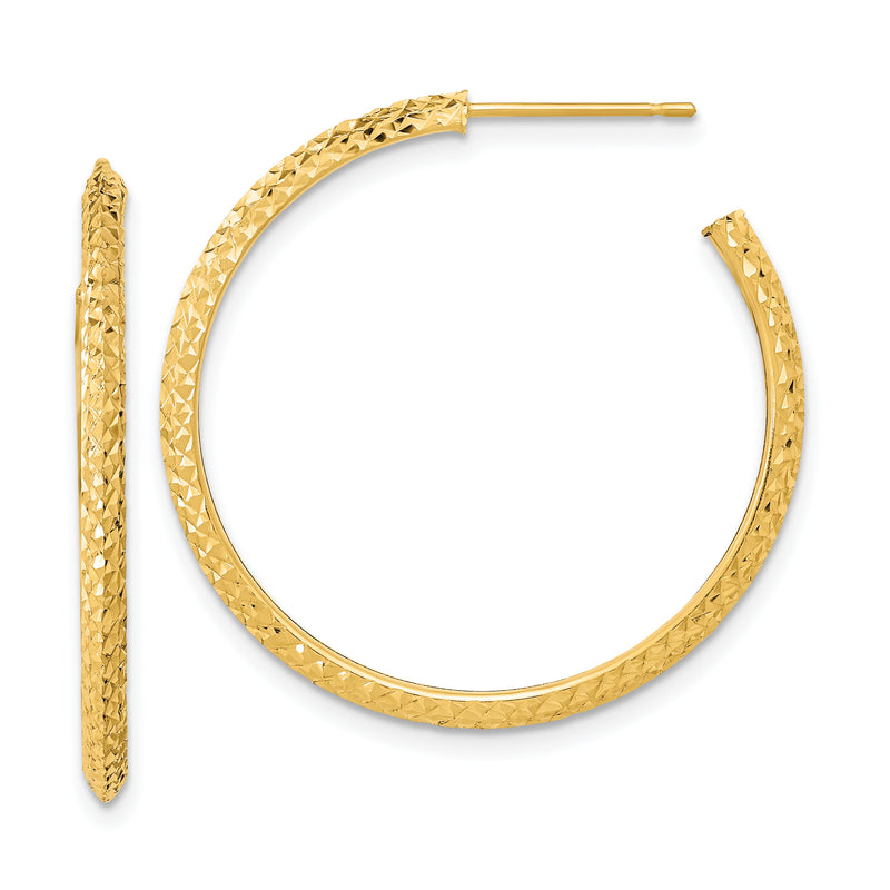 14K Yellow Gold 2X25mm Polished Diamond-Cut Round Hoop Post Earrings