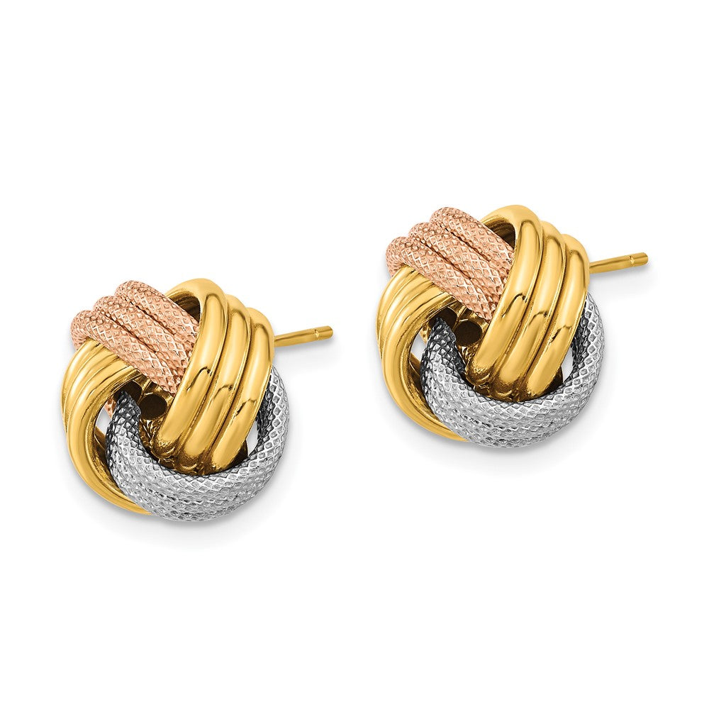14K Yellow & Rhodium W/White Rose Rhod Pol Textured Triple Love Knot Post Earrings