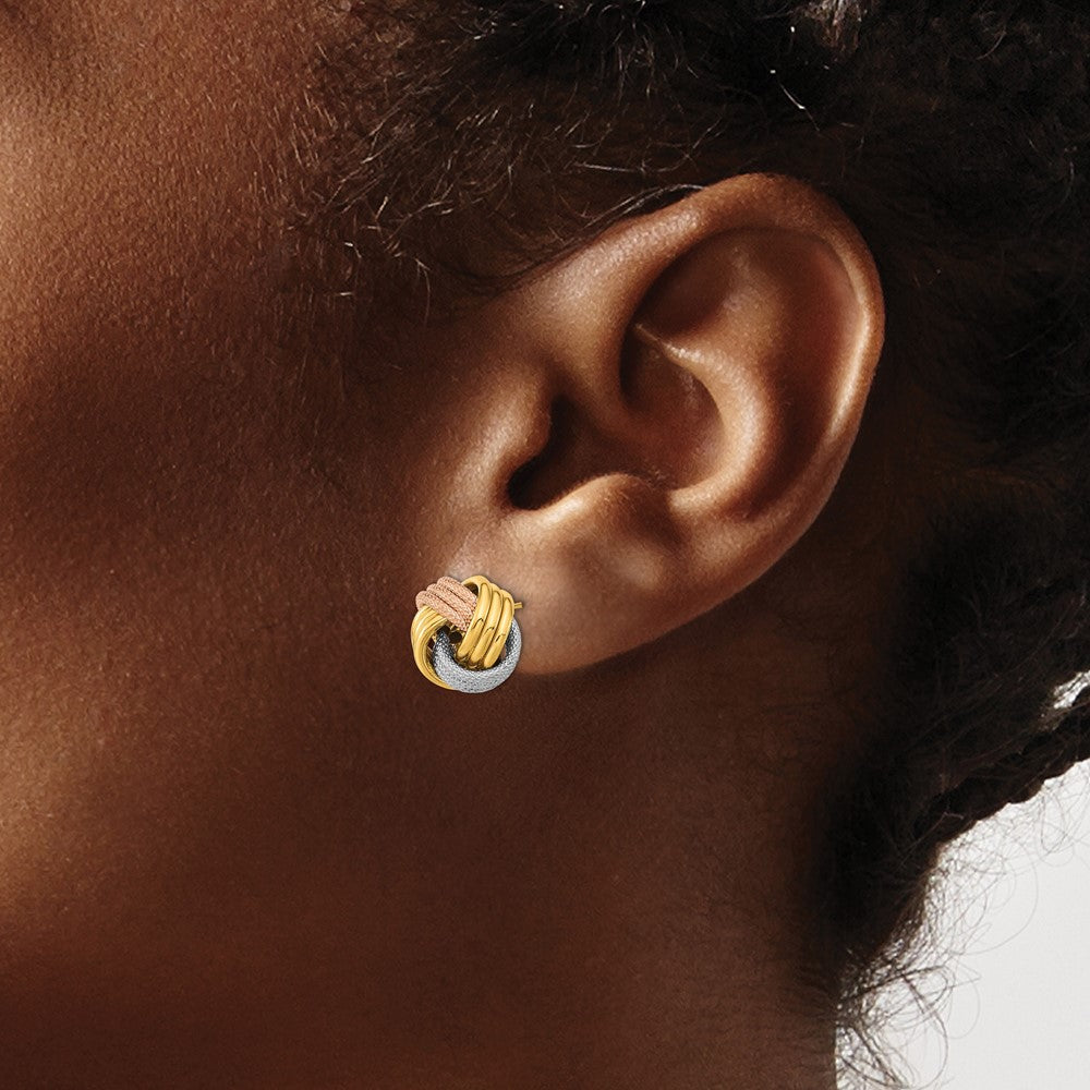 14K Yellow & Rhodium W/White Rose Rhod Pol Textured Triple Love Knot Post Earrings