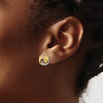 14K Yellow & Rhodium W/White Rose Rhod Pol Textured Triple Love Knot Post Earrings